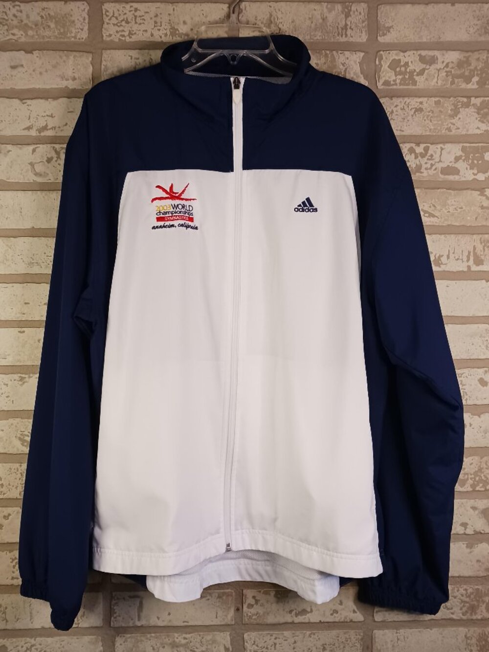 adidas 2003 World Champion Gymnastics Mens Large Jacket Zip Up White & Blue